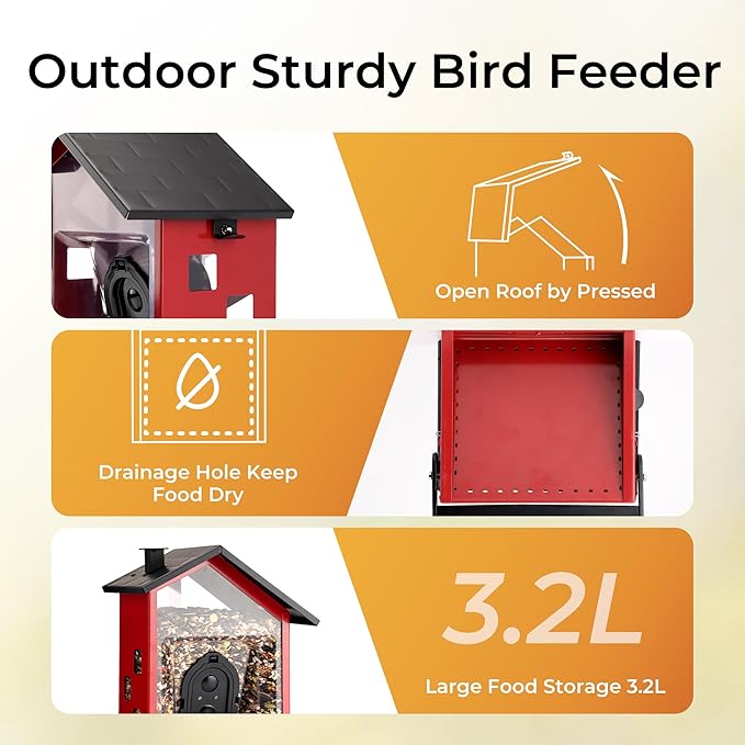 TT Nature Smart Bird Feeder with Camera Solar Powered Squirrels-Proof, AI Identify Bird Species & Instant Arrival Notification Camera, Data Security, Metal Case 3.2L Large Capacity Gift, Red
