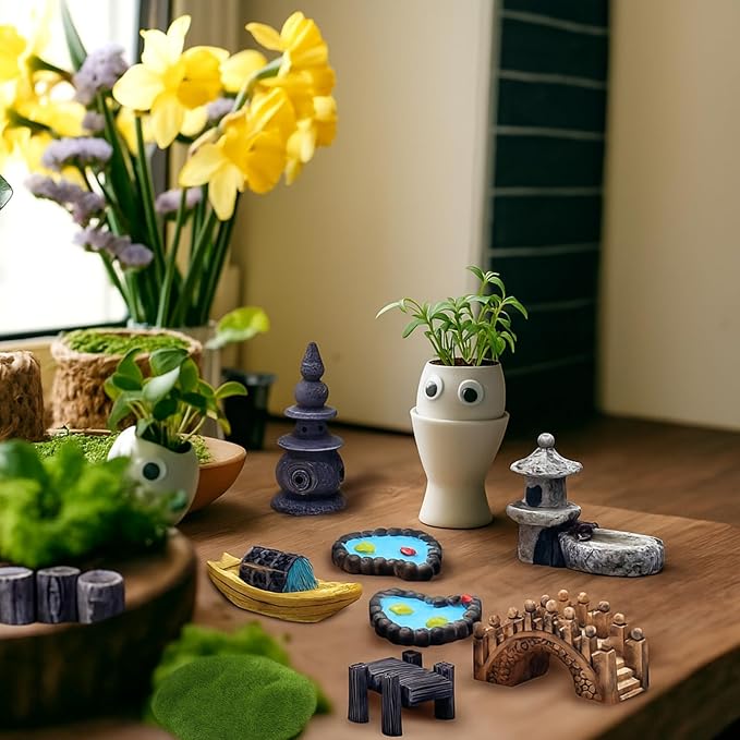 BBTO 24 Pcs Fairy Garden Accessories Architecture Miniatures- Fairy Pond Grass Boat Bridge Chair Figurines Artificial Mini Outdoor Garden Kit Water Features for Crafts Decorations