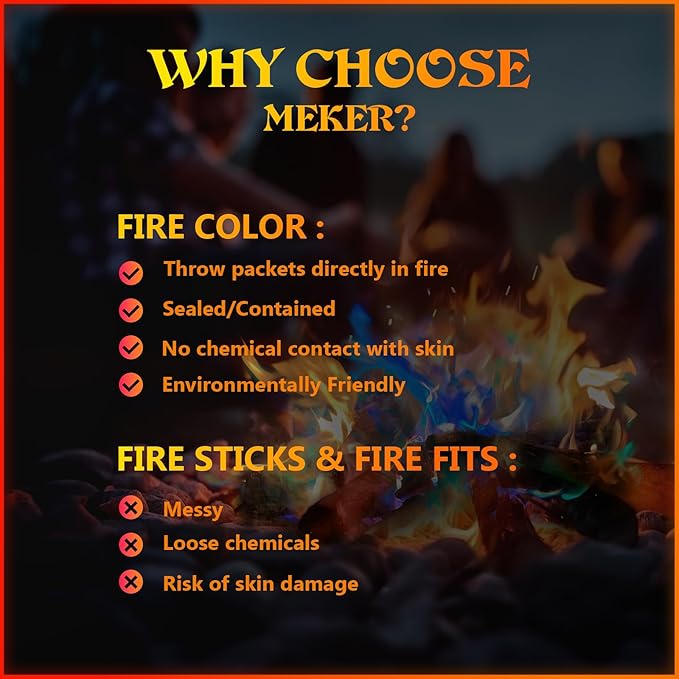 MEKER Fire Color Changing Packets - Fire Pit, Campfires, Outdoor Fireplaces, Bonfire - Fire Colorful Changing Fire - Perfect Fire Camping Accessories for Kids & Adults (24 Pack)
