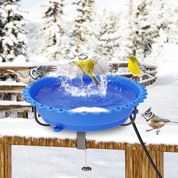 Heated Bird Bath for Outdoors, Upgraded 100W Thermostatically Controlled Heated Bird Baths for Deck Railing Large Capacity Heated Birdbath for Outside Winter Garden Yard Patio Lawn (Blue)
