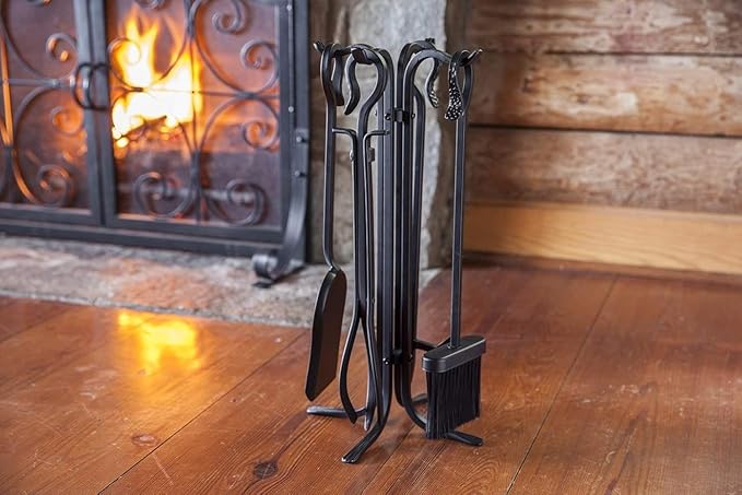Plow & Hearth 5 Piece Hand Forged Iron Compact Fireplace Tool Set 20" | Black Wrought Iron Handle for Outdoor Indoor | Stand Poker Shovel Brush Log Tongs Wood Stove Accessory