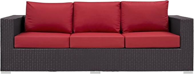 Modway Convene Wicker Rattan Outdoor Patio Sofa with Cushions in Espresso Red
