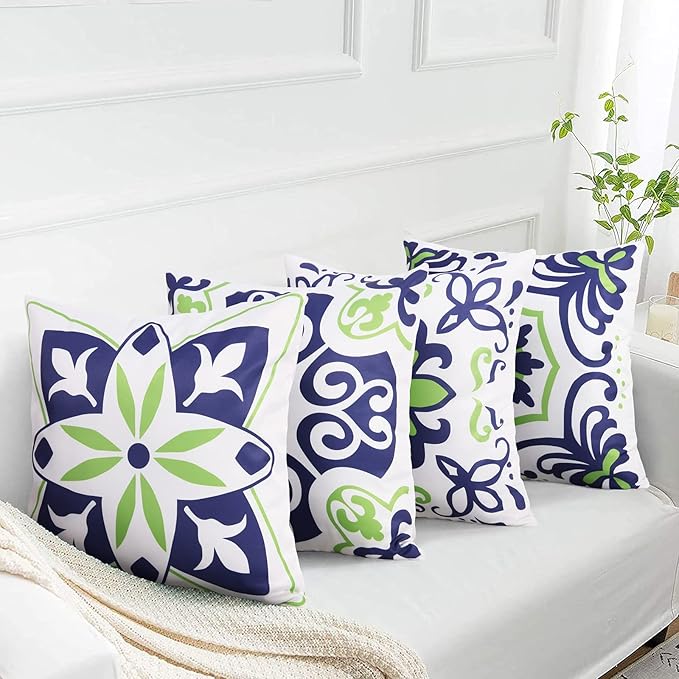 Pyonic Set of 4 Outdoor Pillow Covers 18x18 Waterproof Decorative Throw Pillow Covers Floral Printed Farmhouse Boho Pillowcase for Patio Funiture Garden Navy Blue