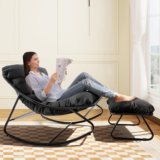 Rocking Chair with Ottoman, Indoor Small Rocking Chair for Nursery, with Foot Rest, Thick Cushion, 5'' Thick, 330lbs Capacity, Metal Frame Rocker Glider Patio for Living Room Bedroom Offices (Brown)