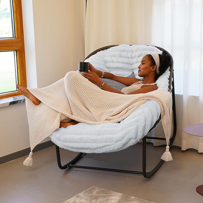 Outdoor Rocking Chair, Patio Wicker Egg Chair, Indoor Comfy Oversized Papasan Chair with Padded Cushion, Royal Rattan Rocker for Front Porch, Garden, Patio (White)