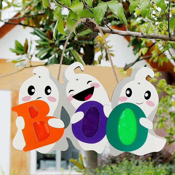 FINGOOO Halloween Door Decor Hanging Sign, BOO Ghost Halloween Door Hanger with Light for Front Door Decorations Outdoor