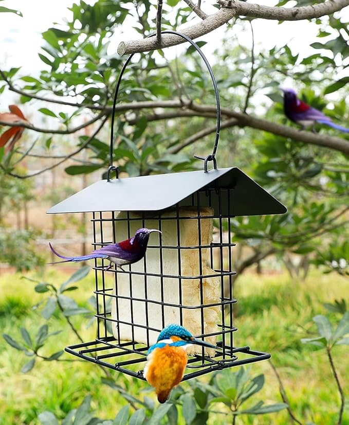 Durable Roof Top Bird Parrot Suet Reusable Feeder for Outside Garden Yard Patio Hanging Metal Suet Cake Holder Squirrel Proof Weatherproof for Wild Hummingbird Woodpecker