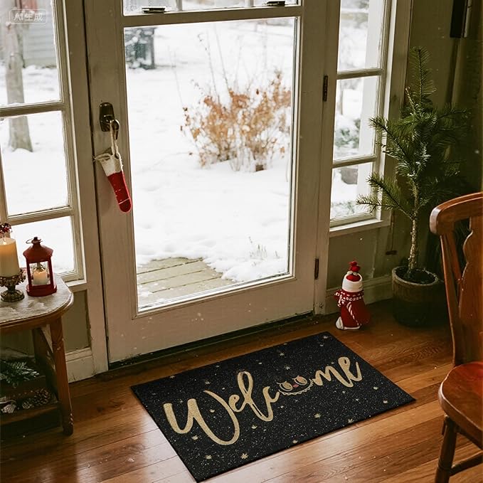 Welcome Mat Front Door Mat Indoor Outside Entrance, Absorbent Heavy Duty Doormat with Non Slip Backing Entryway Rug for Front Back Door, 24" x 36", Black