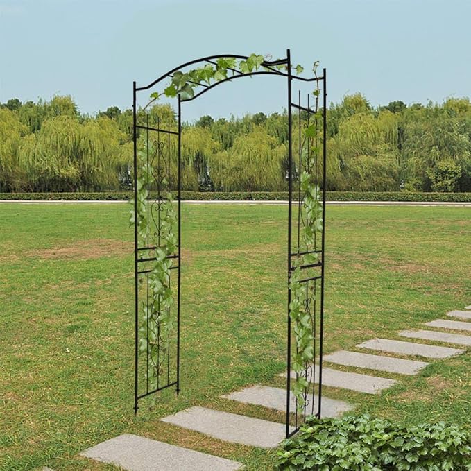 Garden Arbor with Side Garden Trellis, 7.5FT Metal Garden Arch for Climbing Plants Outdoor, Black Archway for Lawn, Patio and Backyard, Wedding Arches for Ceremony, Includes Ground Stakes