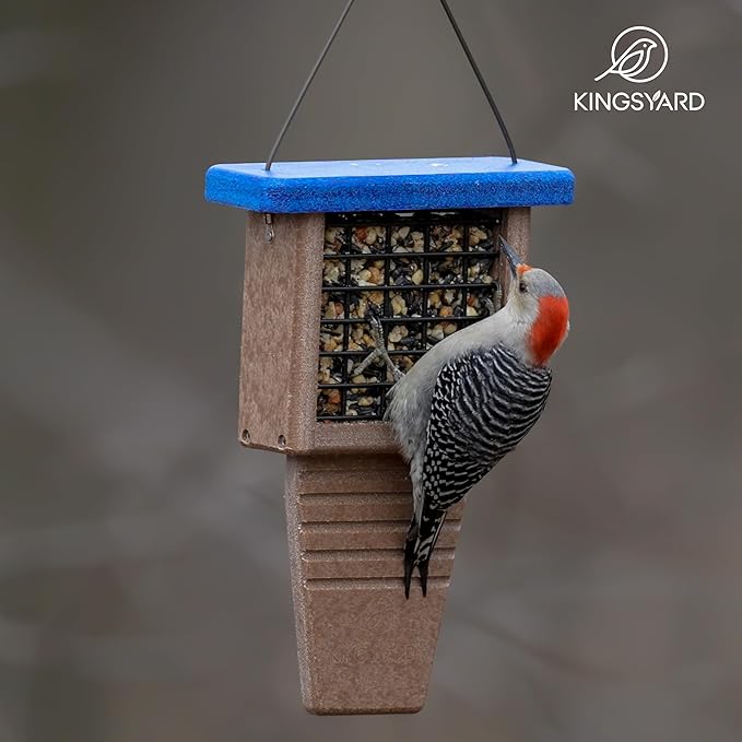 Kingsyard Recycled Plastic Suet Bird Feeder, Tail Prop Suet Feeder for Outside Hanging, Sturdy & Durable, Great for Woodpecker & Clinging Birds, Blue