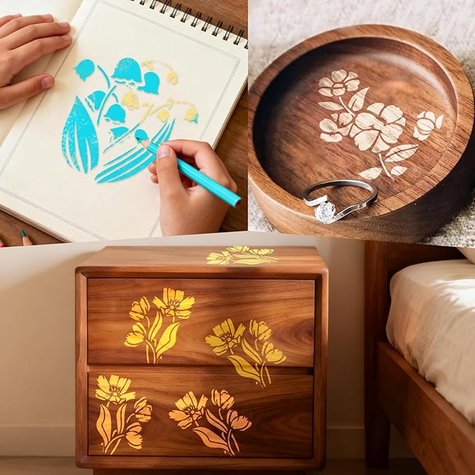 12 Pcs Large Flower Stencils for Painting, 5.12 X 5.12 Inch Flower Stencils for Crafts Reusable, Wood and Wall Stencils for Painting Large Pattern, DIY Templates Holiday Wall Paper (I)