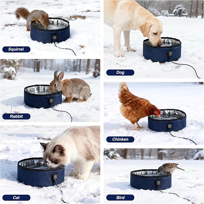 Heated Water Bowl for Dogs Winter Outdoor - 3L Foldable Travel Pet Bowl Keeps Water Unfrozen for Dogs Cats Chickens, USB Adjustable 113-149ยฐF, Leakproof Portable Anti-Chew