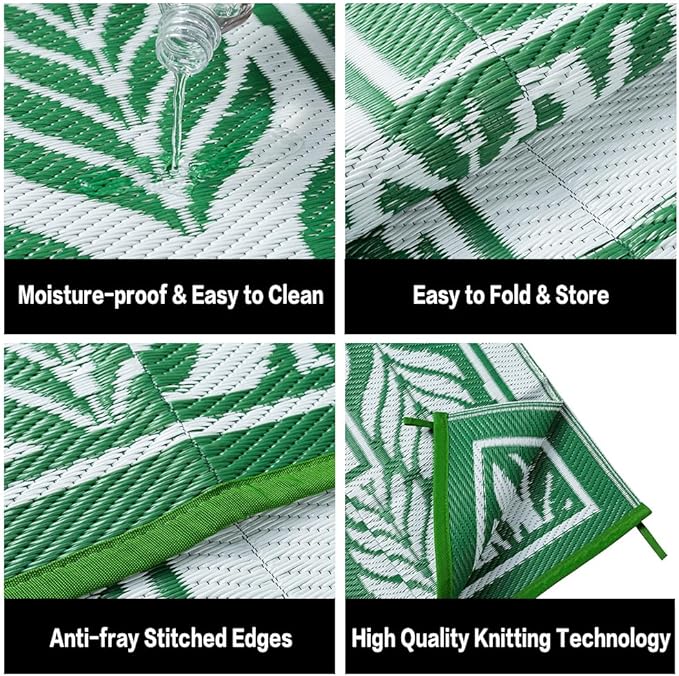 HUGEAR 8x10 Patio Waterproof Outdoor Rug Outrside Camping Carpet RV Area Rug Reversible Green Rugs for Deck Entryance Porch Picnic Balcony Beach
