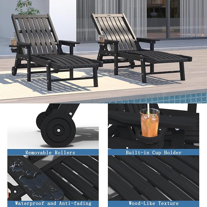Patio Chaise Lounge Chair Set of 4, Oversized Lounge Chair Outdoor with 5 Positions, HDPE, Patio Lounge Chair with Wheels & Cup Holder for Pool, Deck, Poolside,Black