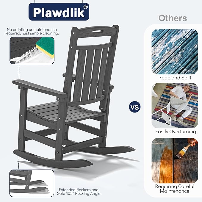 Plawdlik Oversized Rocking Chair,HDPE All-Weather Outdoor Rocking Chair,Patio Rocking Chairs for Porch.Grey