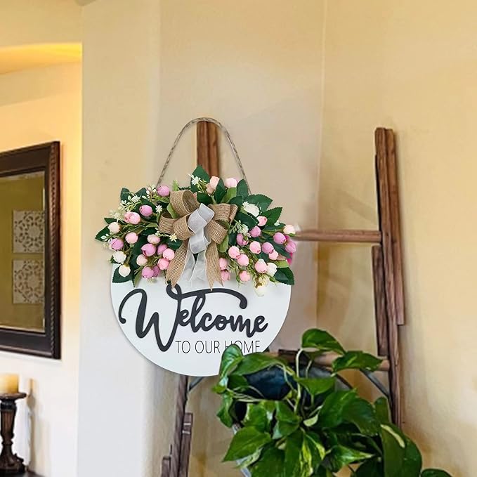 3D Spring Summer Welcome Wreaths for Front Door, Wood Door Hanger,Floral Porch Decor,Wall Plaque, Pink Flower Wreath,Farmhouse White Welcome Sign for Front door-13