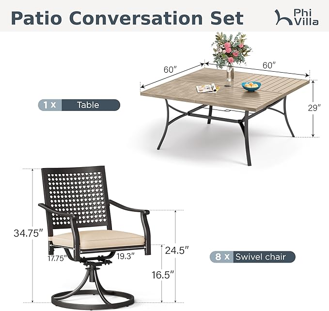 PHI VILLA 9 Pieces Outdoor Dining Set for 8, 60” Square Metal Wood-Like Table & Swivel Steel Chairs with Cushions, Large Furniture Set for Outdoor Deck, Yard, Porch
