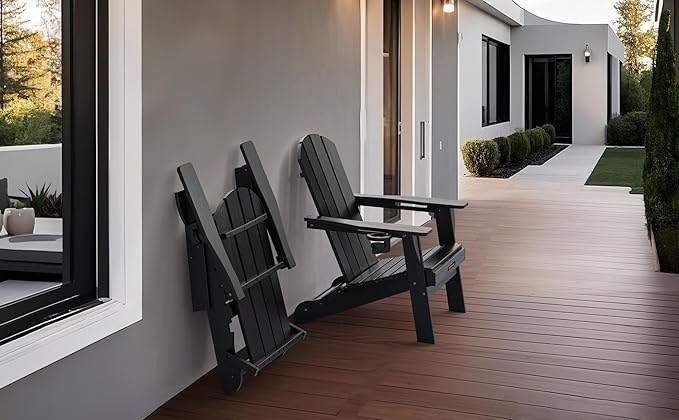 Folding Adirondack Chair Set of 6, Wooden Textured Plastic Adirondack Chairs with 2 Cup Holder, Weather Resistant HDPE Fire Pit Chair, Outdoor Patio Chairs for Garden, Backyard, Lawn, Deck, Black