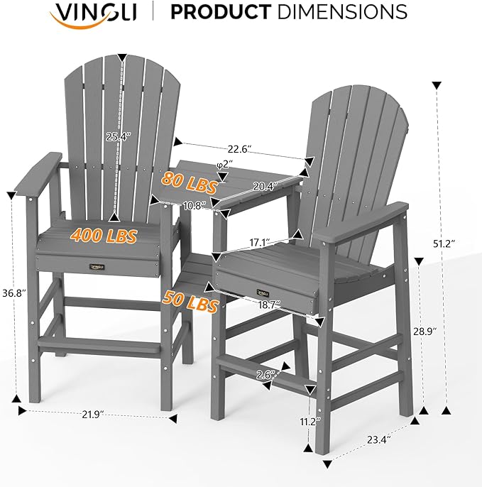 VINGLI Tall Adirondack Chairs Set of 2, All Weather HDPE Bar Height Adirondack Chair with Double Trays, Adirondack Barstools for Balcony, Poolside, Backyard and Patio (Grey)
