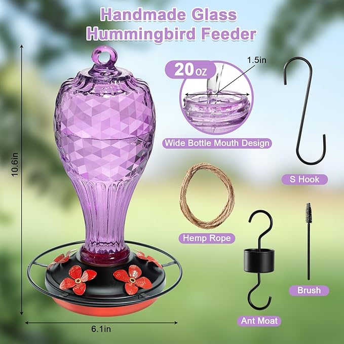 20 OZ Glass Hummingbird Feeders for Outdoors Hanging - Hand-Blown Vibrant Purple Reflective Fish-Scale Design - Attracts More Hummingbirds - Leak-Proof Silicone Seal & Ant Moat, Gift for Mom