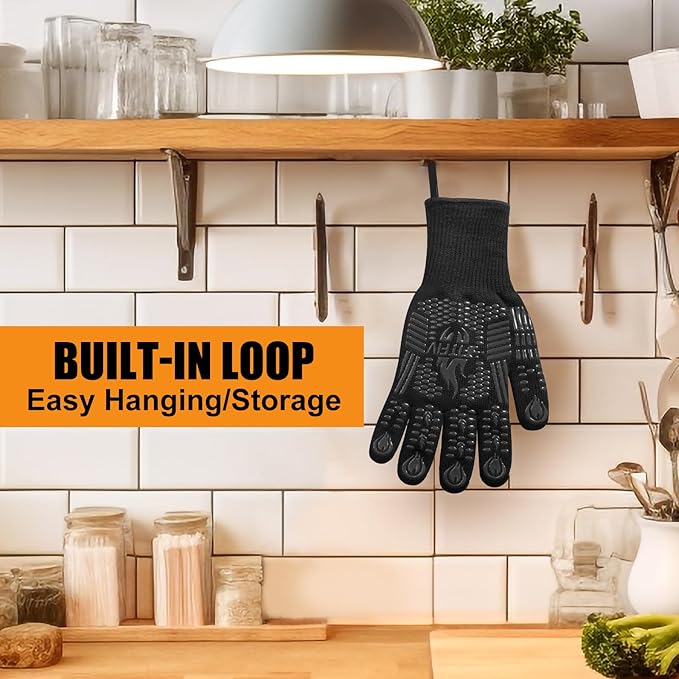 BBQ Gloves, Oven Gloves, 1472°F Extreme Heat Resistant Barbecue Gloves, Silicone Non-Slip Oven Mitts, Kitchen for Cooking, Grilling, and Baking (Black)