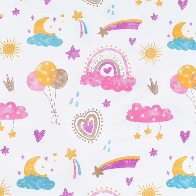 Scientific Sleep Pink Cloud Heart Rainbow Balloon Moon Star Cute Fun 100% Cotton Cozy Twin Bed Sheet Set, Flat Sheet & Fitted Sheet & Pillowcase Natural Bedding Set