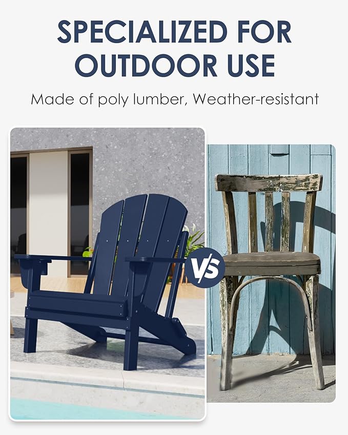 Folding Adirondack Chairs Set of 4, All-Weather Resistant HDPE Patio Firepit Chairs, Sturdy Outside Chairs with Cup Holder, Lawn Chairs, 80% Pre-Installed Load Capacity 385lb, Navy Blue