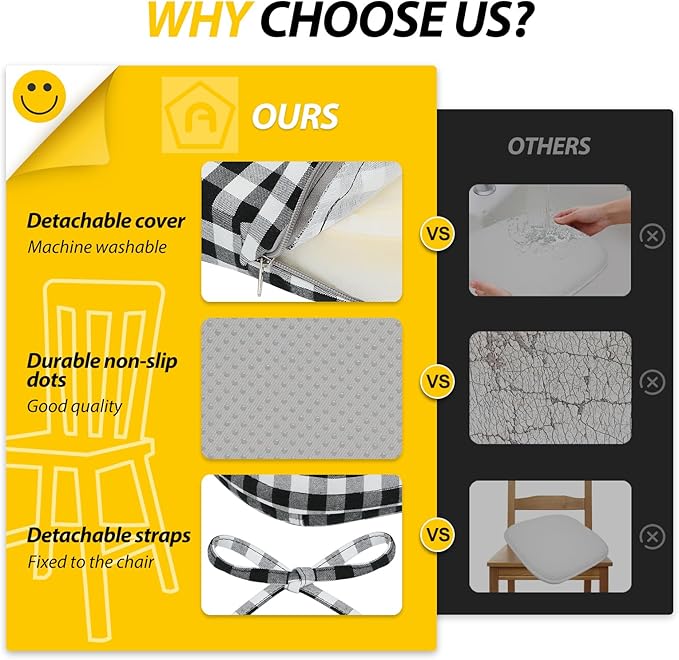 AAAAAcessories D-Shaped Chair Cushions, 2" Thick Dining Chair Pads with Ties and Removable, Machine-Washable Cover, 17" x 16", Set of 6, Checkered Black/White