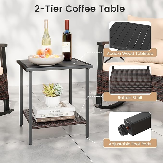 Tangkula 3 Pieces Outdoor Rocking Chairs Set, Rattan Heavy Duty Cushioned Rocker Chairs with 2-Tier Tempered Glass Coffee Table, for Garden, Balcony, Backyard (Beige)