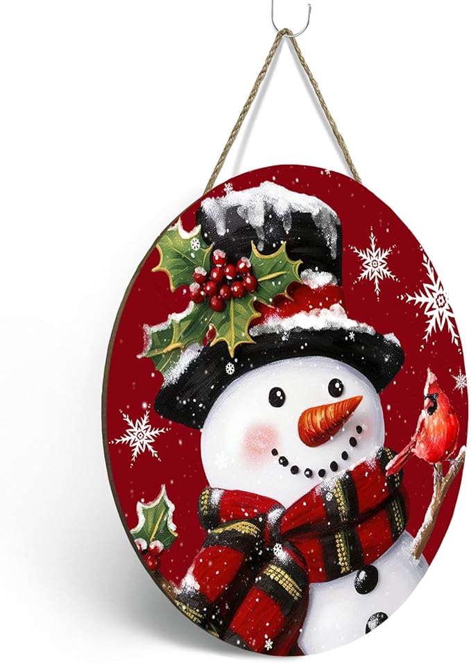 Snowman Xmas Door Sign Cardinal Snowflakes Door Hanger for Porch Wall Decor Winter Holiday Christma Outdoor Hanging Sign