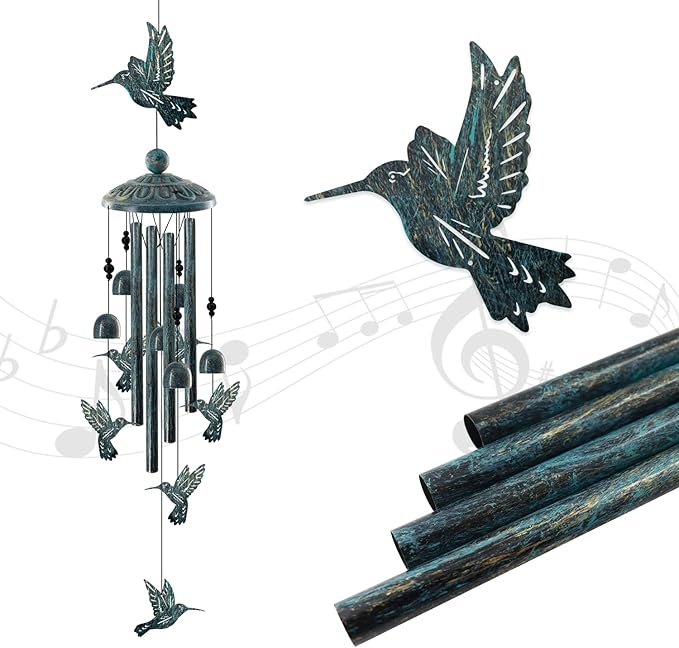 Vintage Bronze Hummingbird Wind Chimes for Outside, Retro Bird Gifts for Women Mom, Sympathy Memorial Windchimes for Garden Yard Patio Decor, Rustic Metal Wind Bell for Birthday Mother’s Day