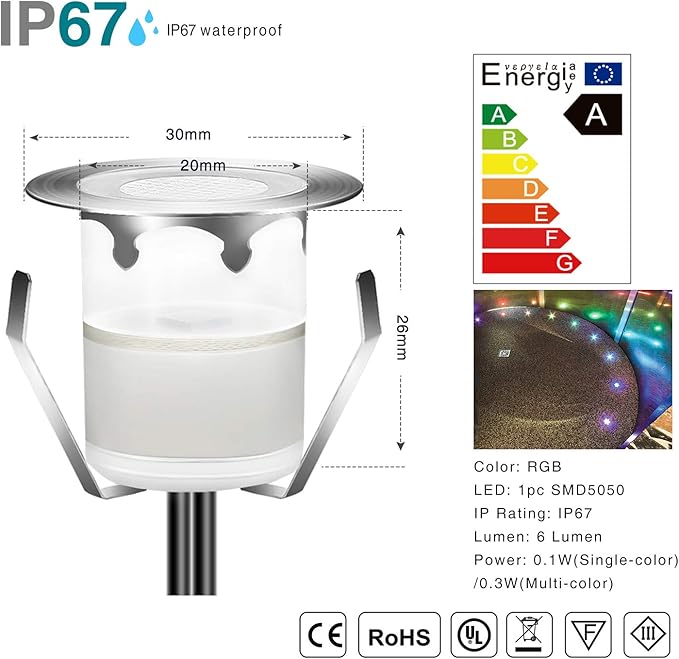 Recessed LED Deck Lights Kits with Protecting Shell,10Pack Φ1.18 IP67 Waterproof 12V Low Voltage Embedded Step Stair RGB Outdoor Landscape LED Lighting for Yard,Garden,Floor,Entryways