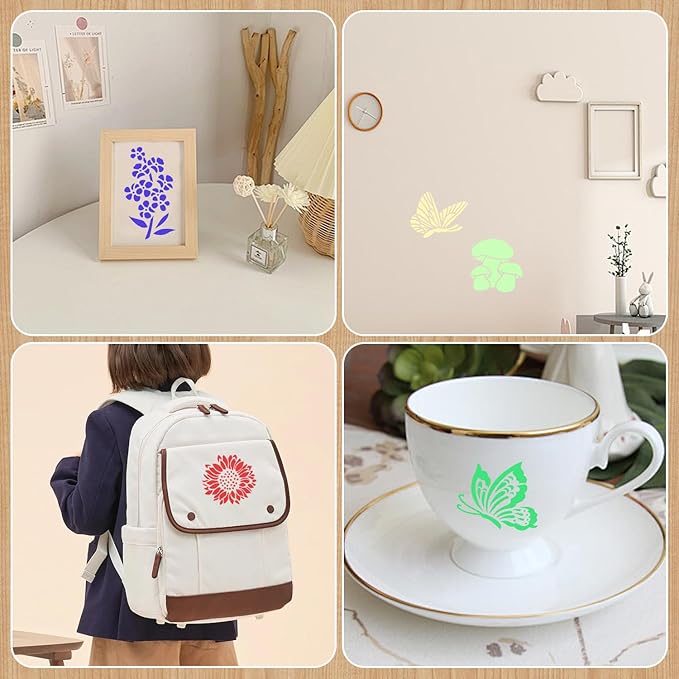 64 PCS 5 Inch Flower Stencils, Plant Butterfly Reusable Plastic Paint Templates for Painting on Wood, Botanical Birds Animal Forest Theme Stencils Set for Wall Rock Canvas Drawing Art Fabric Tile Home