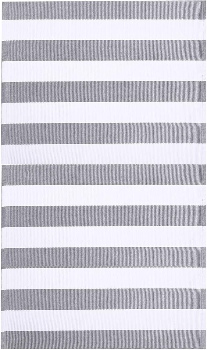 KOZYFLY Grey and White Striped Rug 4'x6' Indoor Outdoor Rug Cotton Hand-Woven Washable Striped Layered Doormats for Front Door/Kitchen/Farmhouse/Entryway/Patio