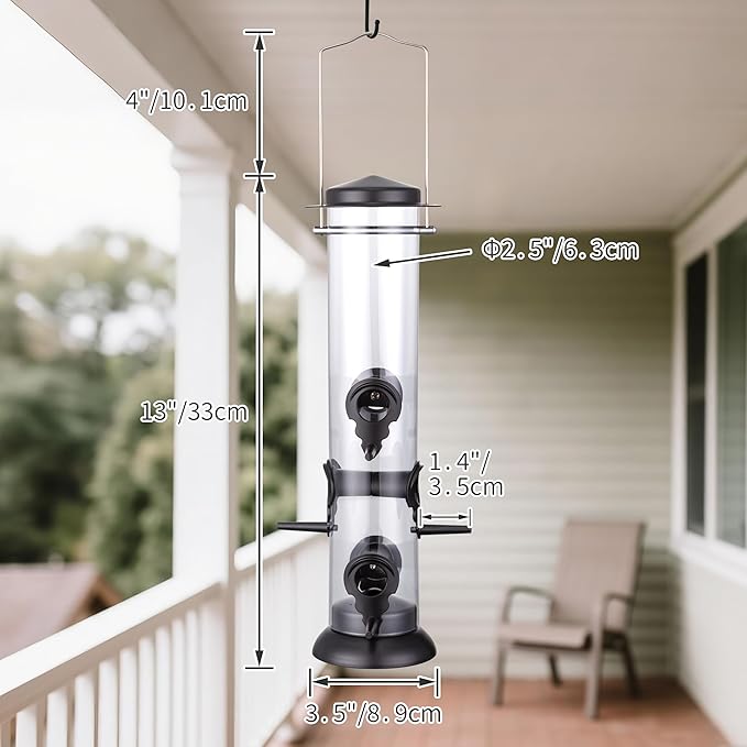 Bird Feeder Premium Hard Plastic for Wild Bird Feeders for Outdoors,Tube Bird Feeders for Outdoors Hanging,14 Inch 6 Port Black,Pack of 1