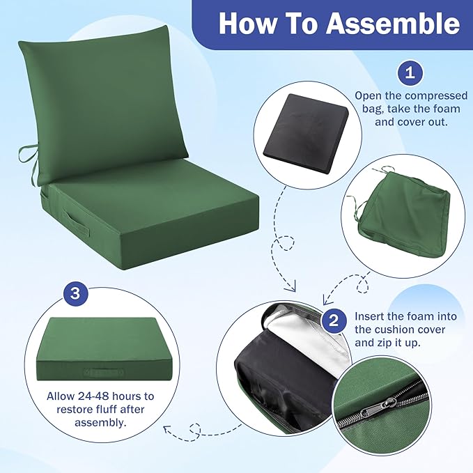Outdoor Seat Cushion Set, Waterproof & Fade Resistant Patio Chair Cushions, Outdoors Cushion for Patio Furniture, 24 x 24 x 5.75 Inch, Outdoor Couch Cushions with Handle and Ties,ForestGreen