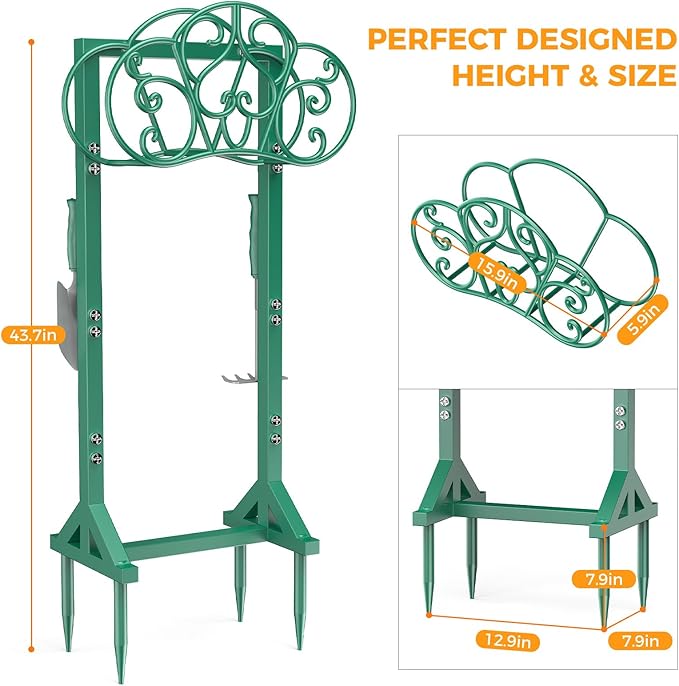 Garden Hose Holder with 2 Tool Hooks Heavy-Duty Freestanding Water Hose Holder Holds 160Ft Hoses, Rustproof Freestanding Hose Stand with 4 Spikes Hose Hanger Storage Reel Rack for Outside, Yard, Lawn