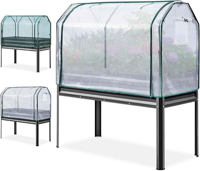 KING BIRD Large Raised Garden Bed with Cover & Netting Galvanized Elevated Planter Box with Legs 72×23×55 in for Backyard, Patio, Balcony, 400lb Capacity, Dark Grey