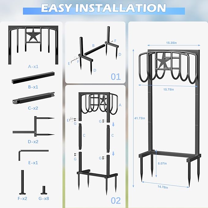 Garden Hose Holder – Heavy-Duty Freestanding Metal Stand, Holds 150FT Hose, with Stable 4-Spike Base, Easy to Install for Outdoor Yard, Lawn, Garden (Black)