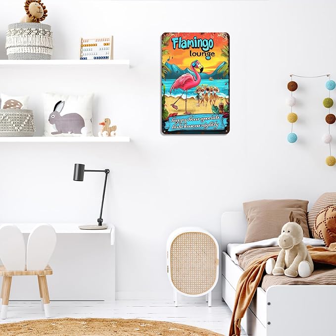 Flamingo Lounge Tropical Bar Sign - Hawaiian Beach Party Decor,Funny Pub Sign for Home, Poolside or Party Wall Art 8x12 Inch