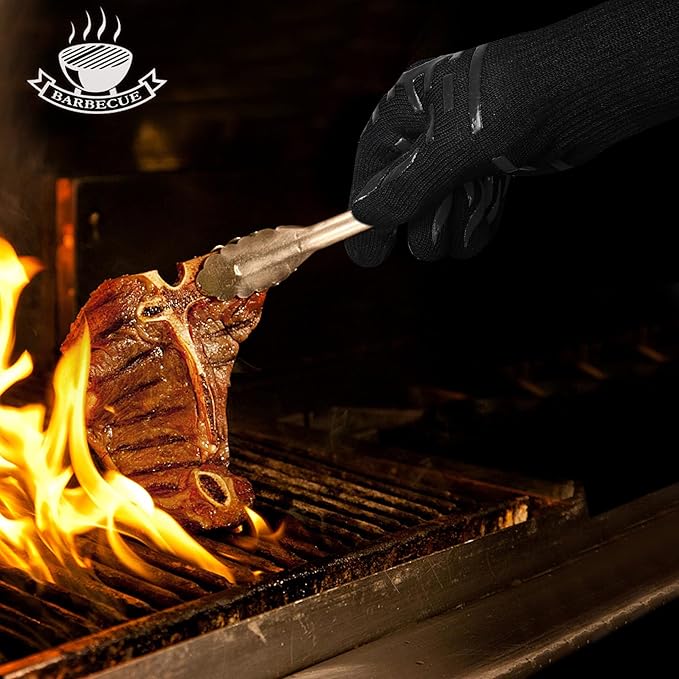 BBQ Grill Gloves, 1472°F Heat Resistant Barbecue Gloves Oven Mitts, Silicone Non-Slip Cooking Gloves for Kitchen, Grilling and Baking, EN407 Certified, 13 inch Long, Black, XL Size