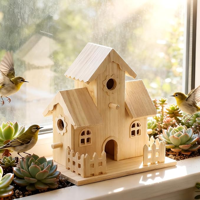 Wooden Bird House Bird Nest Unfinished Unpainted Wood Birdhouse Hanging Sleeping Nest, Indoor Outdoor Window Bird House, Garden Bird Bed for Hummingbird Parrot Sparrow
