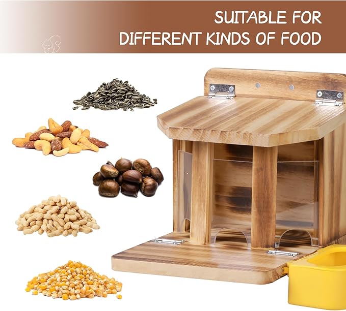 MIXXIDEA Wooden Squirrel Feeder with Water Bowl, Large Capacity Squirrels Feeders for Outside, Sturdy Construction, No Assembly Lovely Chipmunk Feeder for Corn, Peanut, Nuts, Chestnuts (Brown-1pk)