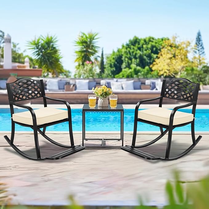 VINGLI Metal Rocking Chair, Outdoor Rocking Bench with Cushion, Patio Rocker with Footrest, Weatherproof Rocking Chair for Outside, Patio, Garden, Hole Backrest