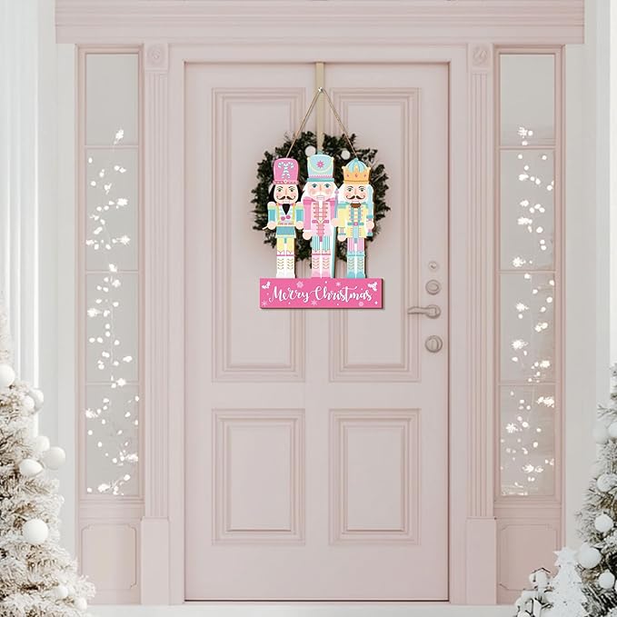 Whaline Christmas Wooden Hanging Sign Xmas Pink Blue Nutcracker Welcome Wood Sign Holiday Door Decor Signs for Indoor Outdoor Porch Wall