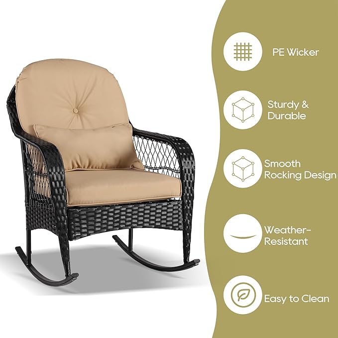 Outdoor Wicker Rocking Chair, All Weather PE Rattan Rocker with Cushion & Pillow, Outdoor Rocking Furniture for Garden, Porch, Backyard, Poolside (Black Rattan+Khaki Cushion)