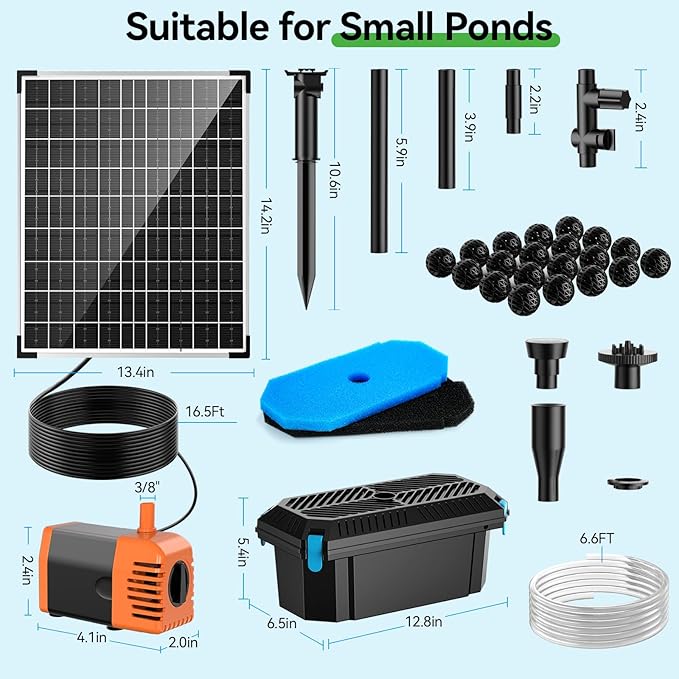 POPOSOAP 30W Solar Pond Filter with Fountain Pump, Pond Filters for Outdoor Ponds with 430GPH Pond Pump & 4 Fountain Heads and 6.5Ft PVC Tubing for Garden Water Features Waterfall Koi Pond