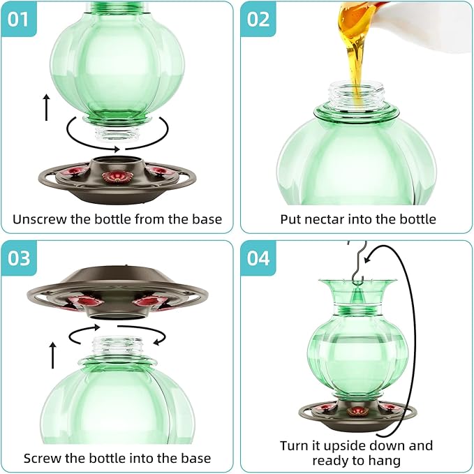 Auslar Hummingbird Feeder, Green Glass Hummingbird Feeder for Outdoors Hanging with Ant Moat, 5 Simulation Flowers Feeding Ports, 23 Ounces, Rustproof, Fade Proof, Pomegranate Shape