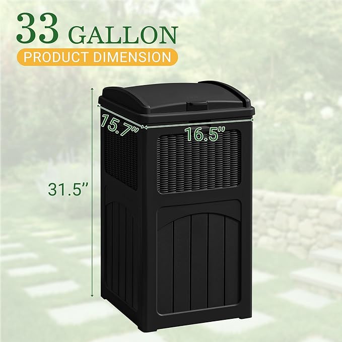 Greesum 33 Gallon Outdoor Trash Can with Lid, Waterproof Resin Garbage Bin for Hideaway, Deck, Patio, Black