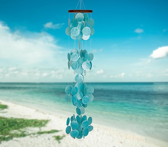Woodstock Chimes Asli Arts Collection, Capiz Waterfall, 40'' Azure Capiz Wind Chimes for Outdoor, Patio, Home or Garden Décor, Wind Chime for Mom Christmas/Hanukkah Gifts (CWRA)